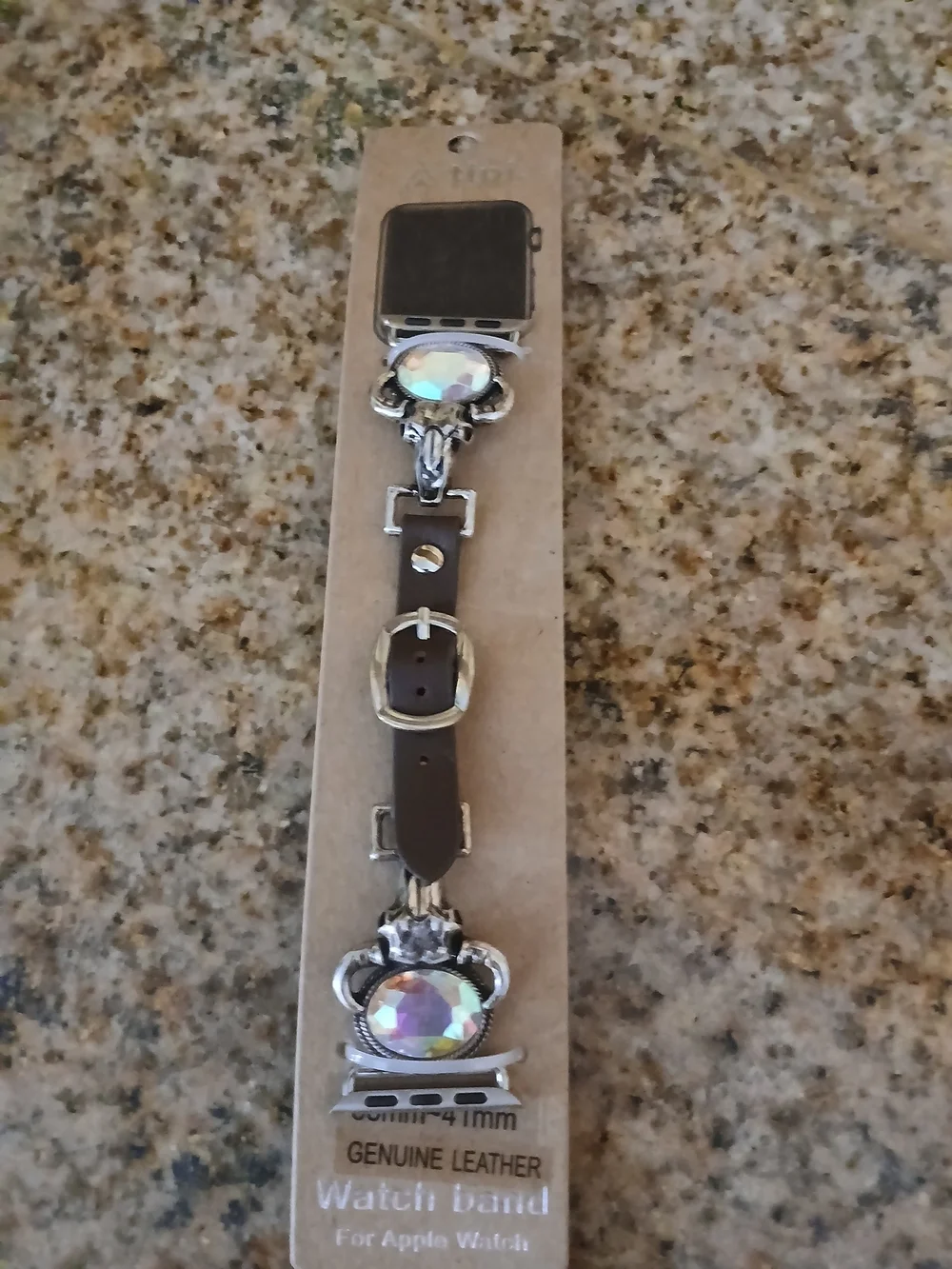Brown Leather Watch Band with Iridescent Crystal Accents